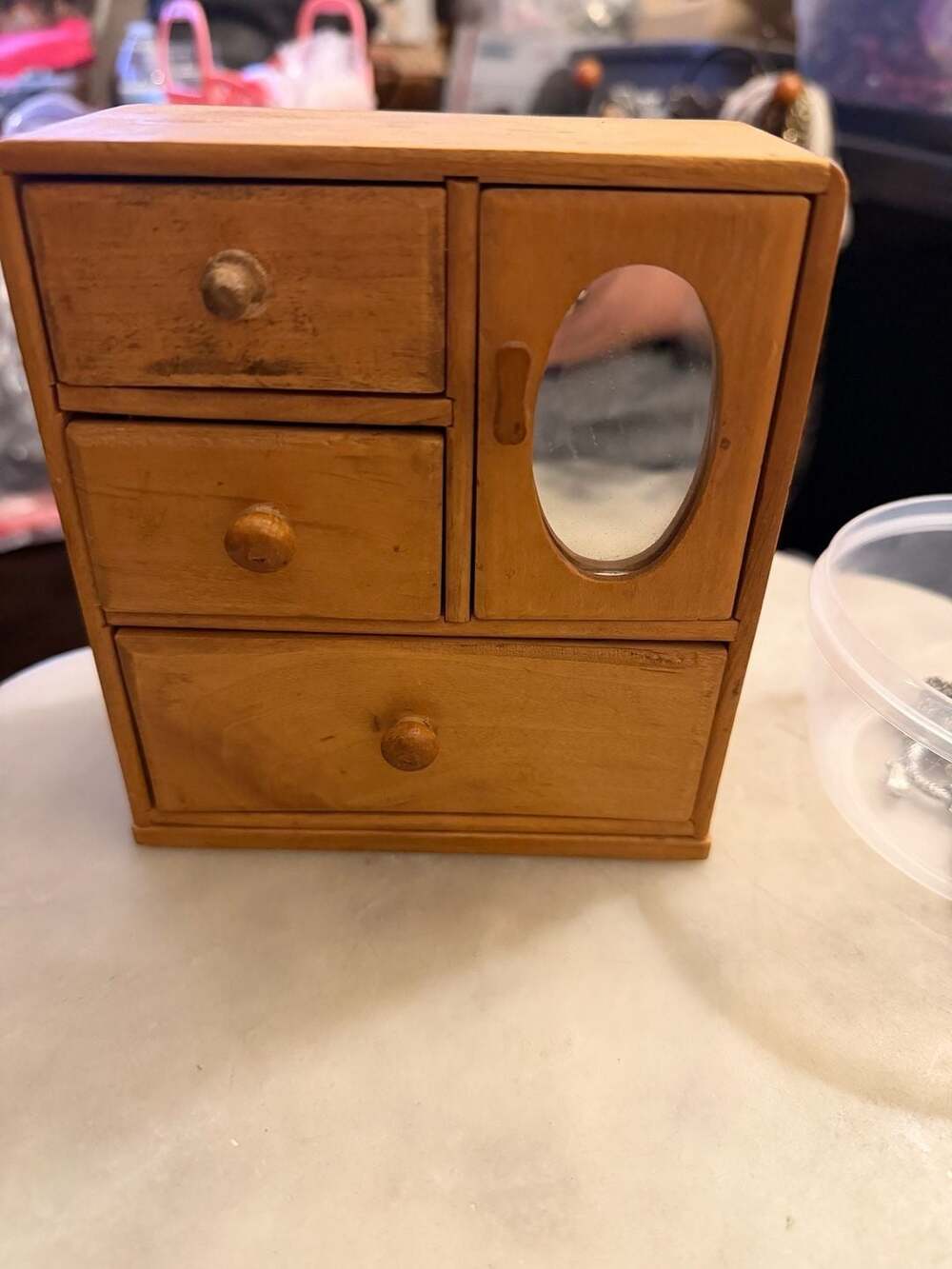 Vintage Miniature Wooden Jewelry Armoire with Mirror and Three Drawers